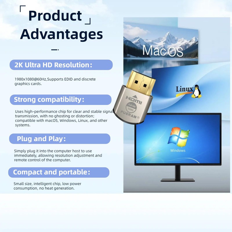 FUERAN 2K 4K 8K HDMI Dummy Plug-Virtual Monitor Display Emulator