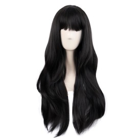 MapofBeauty 28 Inch/70 cm Long Flat Bangs Synthetic Fiber Wavy Curly Heat Resistant Cosplay Party Wg (Black)