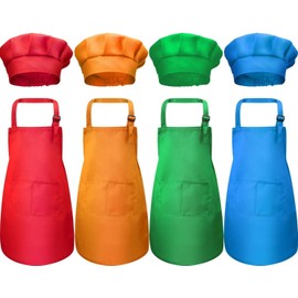 MSYU Apron and Chef Hat Set - 8 Pieces Waterproof and Adjustable Child Aprons with 2 Pockets Kitchen Bib Aprons for Boys and Girls Kitchen Cooking Baking Painting (Color 1, Small)