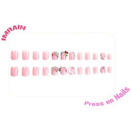 IMRAIN Extra Short Press on Nails Square Rhinestone French Tips Acrylic Fake Nails Glossy Glue on Nails Full Cover Butterfly & Bow Charms Squoval False Nails for Women Manicure 24Pcs