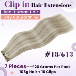 LaaVoo Clip in Real Hair Extensions For Women Ash Blonde Highlight Bleach Blonde Real Human Hair Extensions Clip in Blonde Highlights Human Hair Clip in Extensions Long Straight 24 Inch 7Pcs/140g