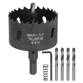 HARFINGTON Bi-Metal Hole Saw Kit 60mm (2-3/8") Hole Cutter Set with 1pcs 15/32" Hex Shank Arbor 5pcs 1/4" Center Drill Bits 2ps Springs 1pcs Wrench for Wood Plastic Soft Metal