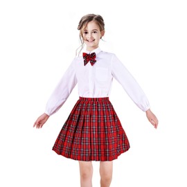Sunny Fashion Girls Dress V Neck Pleated Hem School Uniform Size 110-158, Red Plaid Set