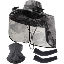 Syhood 3 Packs Wide Brim Solar Fan Hat with Arm Sleeves and Neck Gaiter Fishing Hat with Neck Flap for Hiking Outdoor Camping (Dark Gray Ink)