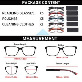 BLOEXCLU 5 Pack Reading Glasses Men Blue Light Blocking Anti Eyestrain Square Computer Readers for Women Eyeglasses (5 Mixed A, 3.5, x)