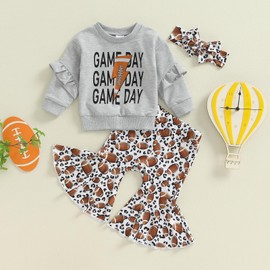 Rtnnsbbfcm Toddler Baby Girl Football Outfit Long Sleeve Letter Sweatshirt Top Football Bell Bottoms Headband 3Pcs Set (Gray, 18-24 Months)
