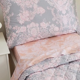 Brandeam Pink Grey Quilted Comforter Set Queen Full Size Cotton Quilt Damask Floral Bedding Set 3-Piece