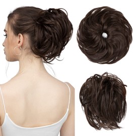 SARLA Messy Hair Bun Hair Pieces Curly Synthetic Updo Fake Scrunchies Ponytail Extension for Women Dark Brown 1PCS