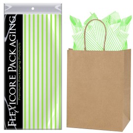 Flexicore Packaging Natural Brown Kraft Paper Gift Bags & Lime Green Gift Wrap Tissue Paper | Size: 8 Inch X 4.75 Inch X 10.5 Inch | Count: 50 Bags | Color: Lime Green Pin Stripe