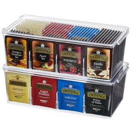 Lifewit Pack of 2 Tea Boxes 16 Compartments, Tea Boxes for Tea Bags, Tea Storage with Lid, Tea Organiser for Tea Bag, Coffee Bag, Use in Kitchens, Pantry, Worktops, Transparent