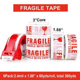 BOMEI PACK Fragile Tape - Handle with Care Packing Printing Tape, Fragile Packing Tape with Dispenser - 2 Inch x 180 Feet (60 Yards), Heavy Duty Fragile Tape for Shipping and Moving Boxes, 6 Rolls