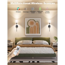 JOFIOS Battery Operated Wall Sconce Set of 2，Black Wireless Wall Sconce with 5200mAh Dimmable Detachable Bulbs and Remote, 10 Colors Rechargeable Sconces Decor for Bedroom Living Room Hallway