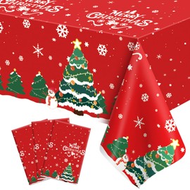 Christmas Tablecloth, 3 Pcs Plastic Christmas Tablecloth, Disposable Christmas Table Cover 54"x108", Red Plastic Christmas Table Cloth Rectangle Table Decorations for Christmas Holiday Party Supplies