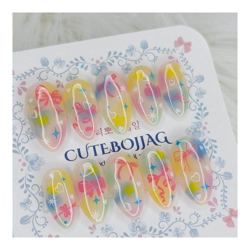 Pastel Ribbon Handmade Nail Tips - Lipstick / 파스텔 리본