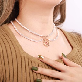 Rumtock Double Layer Pearl Chain Choker with Ruby Red Heart Vintage Necklace for Special Occasion Women Girls Dressy Jewelry