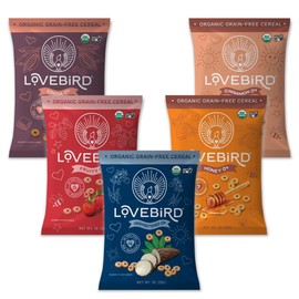 Lovebird Organic Gluten Free Cereal, Sampler Pack – Prebiotic Fiber, Gut Health, Low Sugar, Grain Free, Breakfast or Snack – Healthy Cereal Made With Real Food, 5 Pack, Kids & Adults