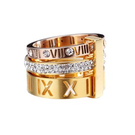 PAMTIER Women's Stainless Steel with Zirconia Roman Numerals 3 in 1 Ring Rose + Gold Mix Size 9.75