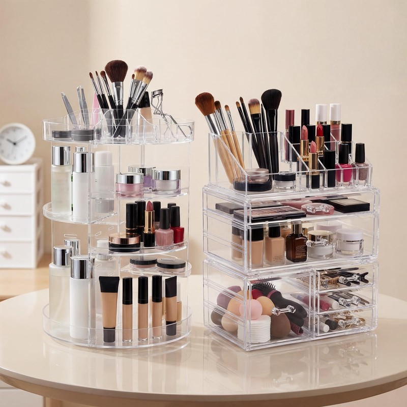 Canchiing Acrylic Makeup Organizer Set, 360 Rotating Makeup Organizer, Clear