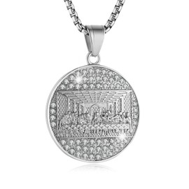 AsAlways Gold Plated Lord's Supper Stainless Steel CZ Engrave Last Supper Jesus with His Disciples Pendant Necklace for Men Hip Hop Religion Jewelry Gift (Silver Round)