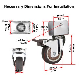 Urcollections 2" Caster Wheels with 3/4" U Bracket TPR Casters Set of 4 with Brake 360 Degree Ball Bearing Plate Swivel Durable Mute Move Crib Caster Wheels for Dresser Cabinet Desk