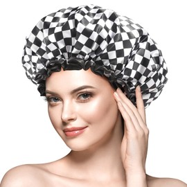 mikimini Large Shower Cap for Women Long Hair,Double Layers Waterproof, Reusable,Washable,Non-fading,Stretchy,Elegant Chessboard Design( Pack of 1 )