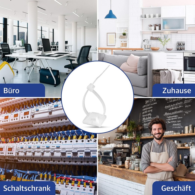 AGT Kabelbinder Klebesockel: 200er-Set UV-beständige Kabelbinder mit Sockel, weiß (Montagesockel)