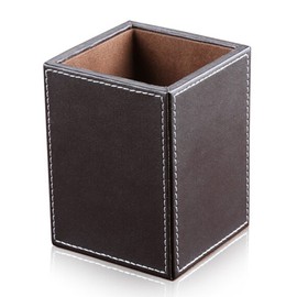KINGFOM PU Leather Square Pens Pencils Holder Cup Desktop Stationery Organizer Case Office Accessories Container Box Brown