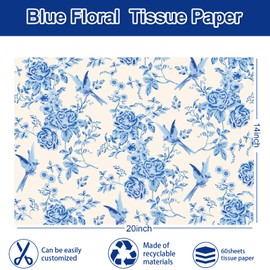 Whaline 60 Sheets Blue Floral Tissue Paper Rose Flower Bird Decorative Wrapping Paper Chinoiserie Art Paper for Birthday Baby Shower Party DIY Crafts, 14 x 20 Inch