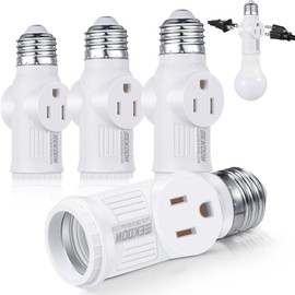 Feekoon 4 Pcs 3 Prong Light Socket Adapter, E26 Light Bulb Outlet Adapter, Polarized Light Socket to Plug Adapter, Light Bulb to 2/3 Prong Outlet Plug Splitter Converter for Garage Porch (White)