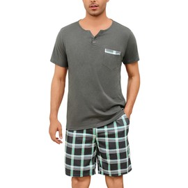 Bresdk Men's Short Cotton Pyjamas with 2 Buttons Checked Summer Men's Sleepwear S-3XL, Grey Checked