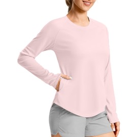 Women's UPF50+ Sun Protection Shirts with Zip Pocket Long Sleeve Workout Tops for Swimming Hiking Quick Dry Rash Guard(Pink, S)