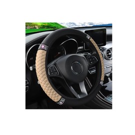 Bling Leather Steering Wheel Cover, Colorful Rhinestones Elastic Steering Wheel Protector, PU Soft Leather with Crystal Diamond, Sparkling Car Accessories for Most Cars (Beige)