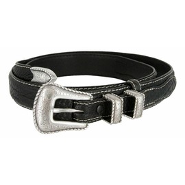 Western Silver Engraved Rope Edge Buckle Genuine Leather Ranger Belt (Black, 32)