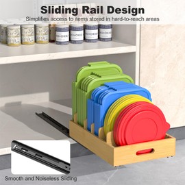 Housolution Pull Out Food Container Lid Organizer with Sliding Rail, Slide Out Plastic Lid Holder Compatible with Tupperware, Bamboo Storage Box with 5 Adjustable Dividers for Kitchen Cabinet, 1 Pack