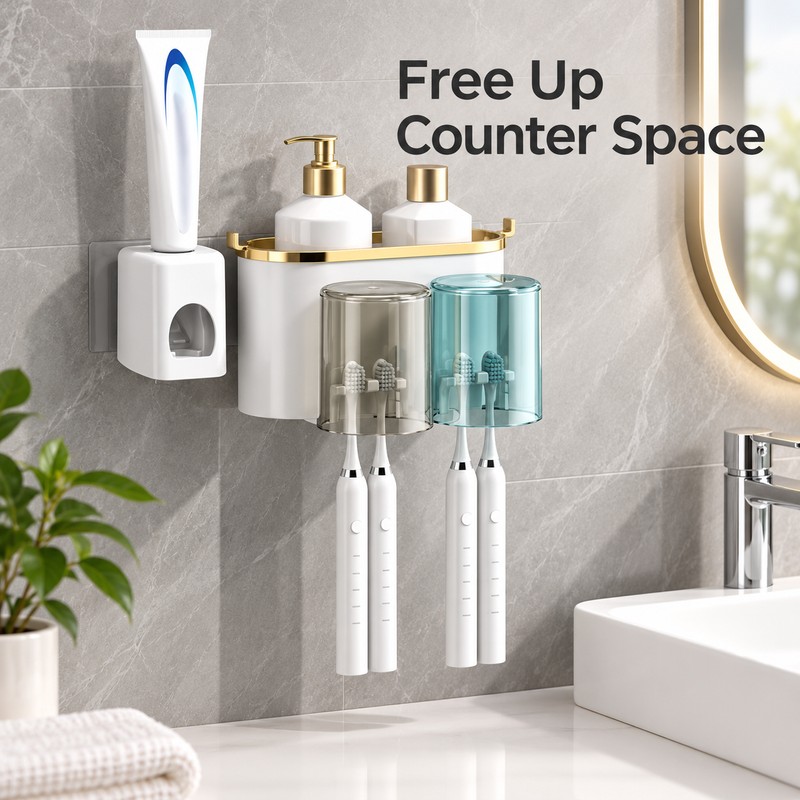 Wall Mounted Toothbrush Holder with Toothpaste Squeezer – Multifunctional Bathroom