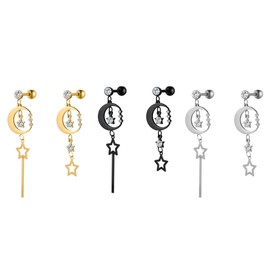 Flongo Women's Asymmetric Earrings Hoop Earrings in Silver Black Gold Stud with Hanging Chains Pendant for Women, Stainless Steel