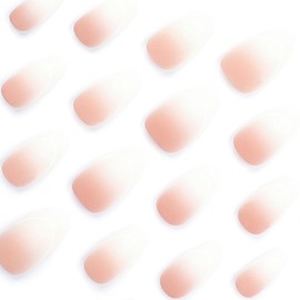 24 Pcs French Tip Nude Press on Nails Short Almond - YIHONGYUAN Spring Acrylic Nail Art Kit Fake Nails Press ons Nail Glue on Nails Full Cover Pink Gradient False Nails Manicure Kit Nail Supplies