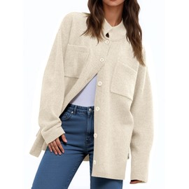 Saodimallsu Womens Button Up Knit Cardigans Oversized Collared Casual Long Sleeve Open Front Fall Sweater Jackets Beige
