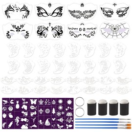 URROMA Face Stencils, 1 Set Face Paint Stencils Kits Includes 40 Reusable Facial Painting Stencils with 4 Stickers 8 Painting Brushes Party Makeup