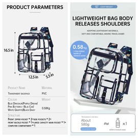FINEJUSTOK Clear Backpack-Heavy Duty PVC clear backpack for Stadium/Travel/Work,Dual Zippered Compartments&Mesh Side Pockets (blue Dinosaur)