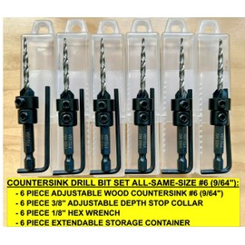 FTG USA 6 Pc #6 (9/64") Countersink Drill Bit Set with Tapered Drill Bits for Wood, Depth Stop Collar, Hex Wrench and Storage Container