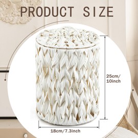 Ctosree 1.3 Gallons Small Trash Can with Lid Handle Boho Woven Braided Bathroom Waste Basket Trash Can with 100 Garbage Bags for Bedroom Office Laundry(Cream White,Braided Polypropylene,Round)