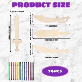 12 Stück Holzschwert und 12 Stück Wasserfarbstifte, Selbst Kreatives Piratensäbel für DIY, Piraten Säbel zum Bemalen, Dekoratives Kunsthandwerk für Kinder