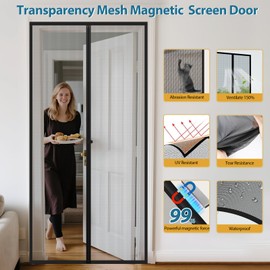 Augblinds Magnetic Screen Door Mesh - Fit Door 72 x 80 Inch, Upgraded HD Transparent Net High Density Screen Mesh Size 74"x81", with Windproof Hasp, Keep Tiny Bugs Out, Kid Pet Friendly
