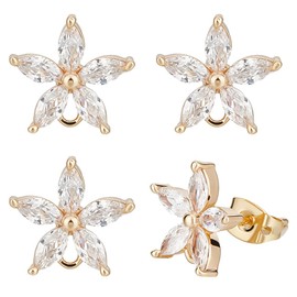 Beebeecraft 1 Box of 10 Flower Stud Earrings, 18 Carat Gold-Plated Cubic Zircon Crystal Blossom Stud Earrings with Dangling Loop and Ear Nuts for Making Hole 1.5 mm