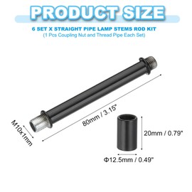 PATIKIL Straight Pipe Lamp Stems Rod Kit, 6 Set M10 Carbon Steel 80mm(3.15") Long Double End Thread Rod with Coupling Nuts Sleeve Connector for Table Lamps Chandeliers, Black