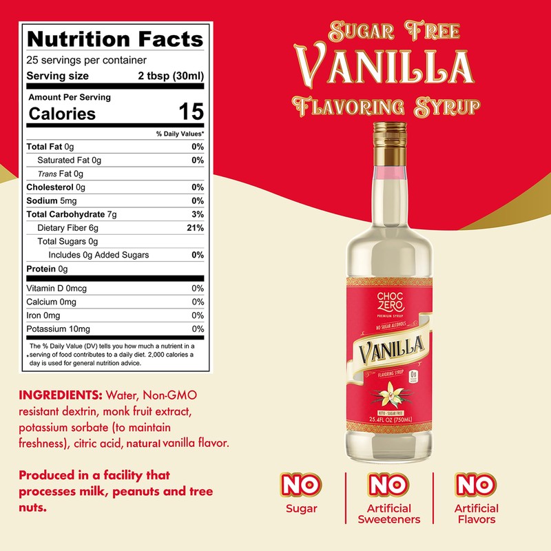 ChocZero Sugar Free Vanilla Syrup for Coffee - Keto Flavoring