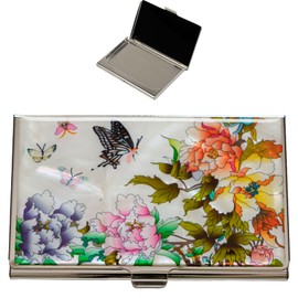 February Mountain Mother of Pearl Business Card Case - Korea Traditional Gifts, Slim Metal Holder for Business & Credit Cards, Pocket-Sized Purse Wallet (Floral and Butterfly Garden)