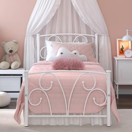 Elephance Twin Bed Frame with Headboard, Metal Platform Bed Frame with 12 Inch Storage Space No Box Spring Needed (White)