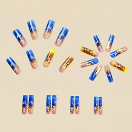 MIXFOSAHN Press on Nails Medium Sqaure Fake Nails Gold Blue False Nails with Artistic Glitter Designs Flowers Loves Glossy Stick on Nails Full Cover Glue on Nails Acrylic Nails for Women Girls 24 Pcs